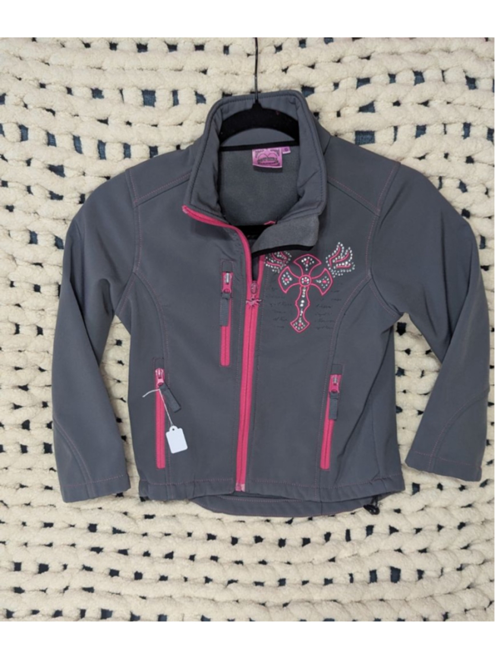 Cowgirl Hardware Youth Small Gray Pink Rhinestone Softshell Jacket Western Girls